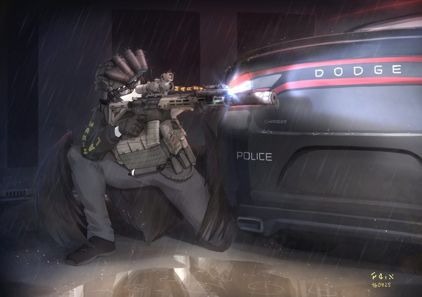 1girl, assault_rifle, black_hair, car, commission, feathered_wings, flashlight, glasses, gun, helmet, highres, magazine_(weapon), motor_vehicle, night_vision, original, painlnajar, rifle, scope, weapon, weapon_request, wings