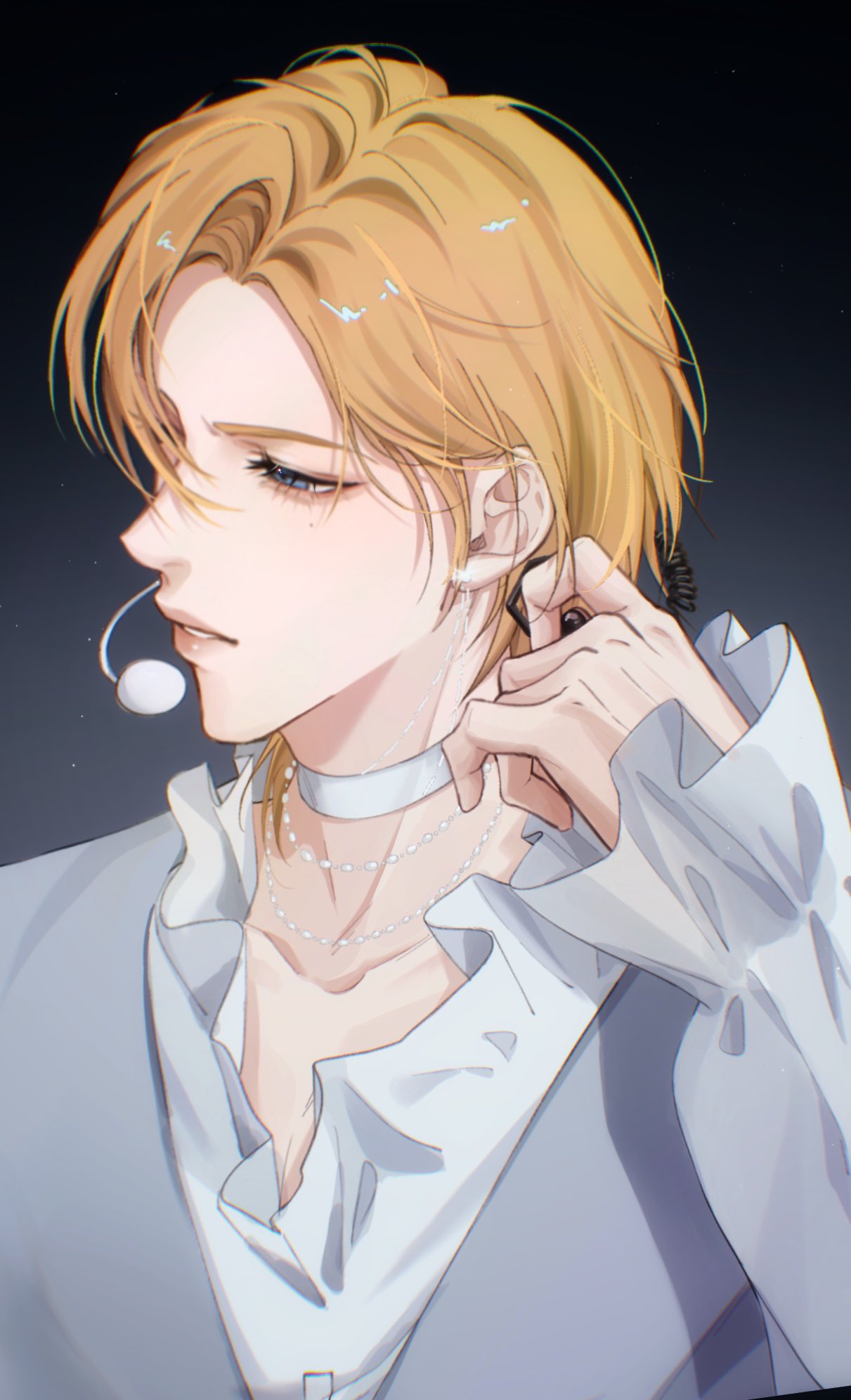 black_background, blonde_hair, blue_eyes, choker, commentary_request, frilled_shirt_collar, frilled_sleeves, frills
