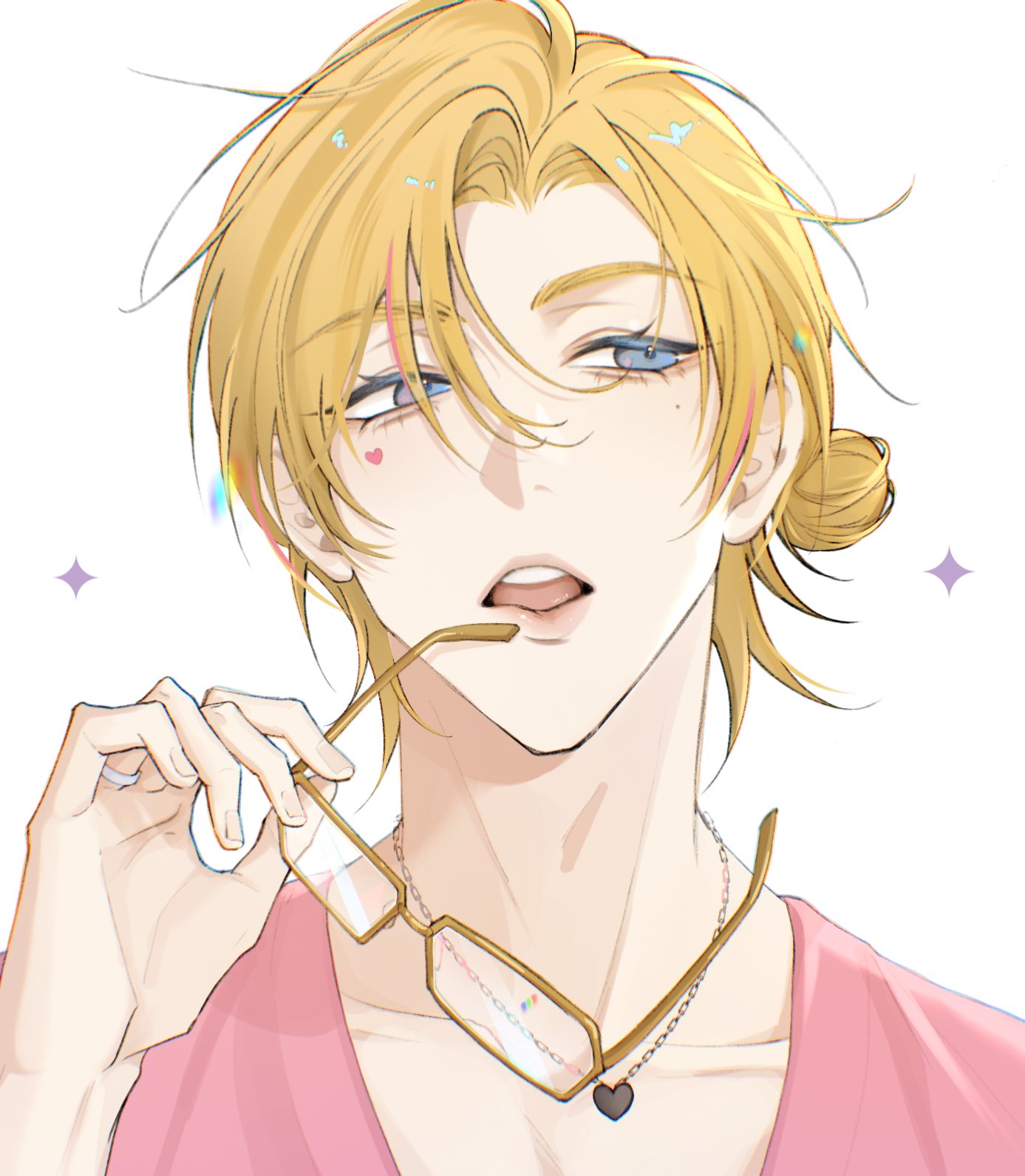 blonde_hair, blue_eyes, commentary_request, four-pointed_star, fujik0, glasses, hand_up, heart_pendant