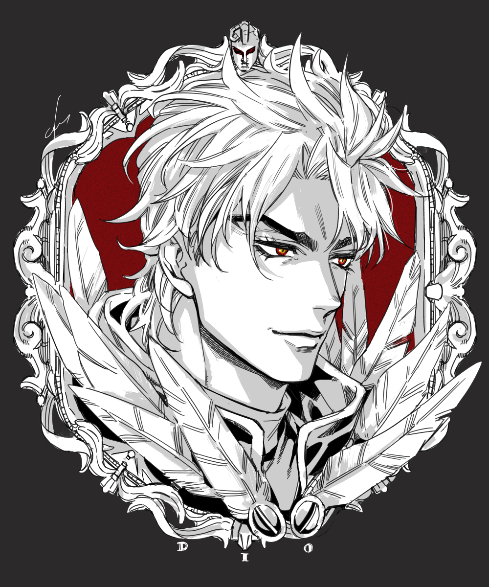 1boy, dio_brando, egg_(cknlun), eyelashes, feathers, highres, jojo_no_kimyou_na_bouken, male_focus, official_alternate_costume, phantom_blood, portrait, red_eyes, smile, solo, spot_color