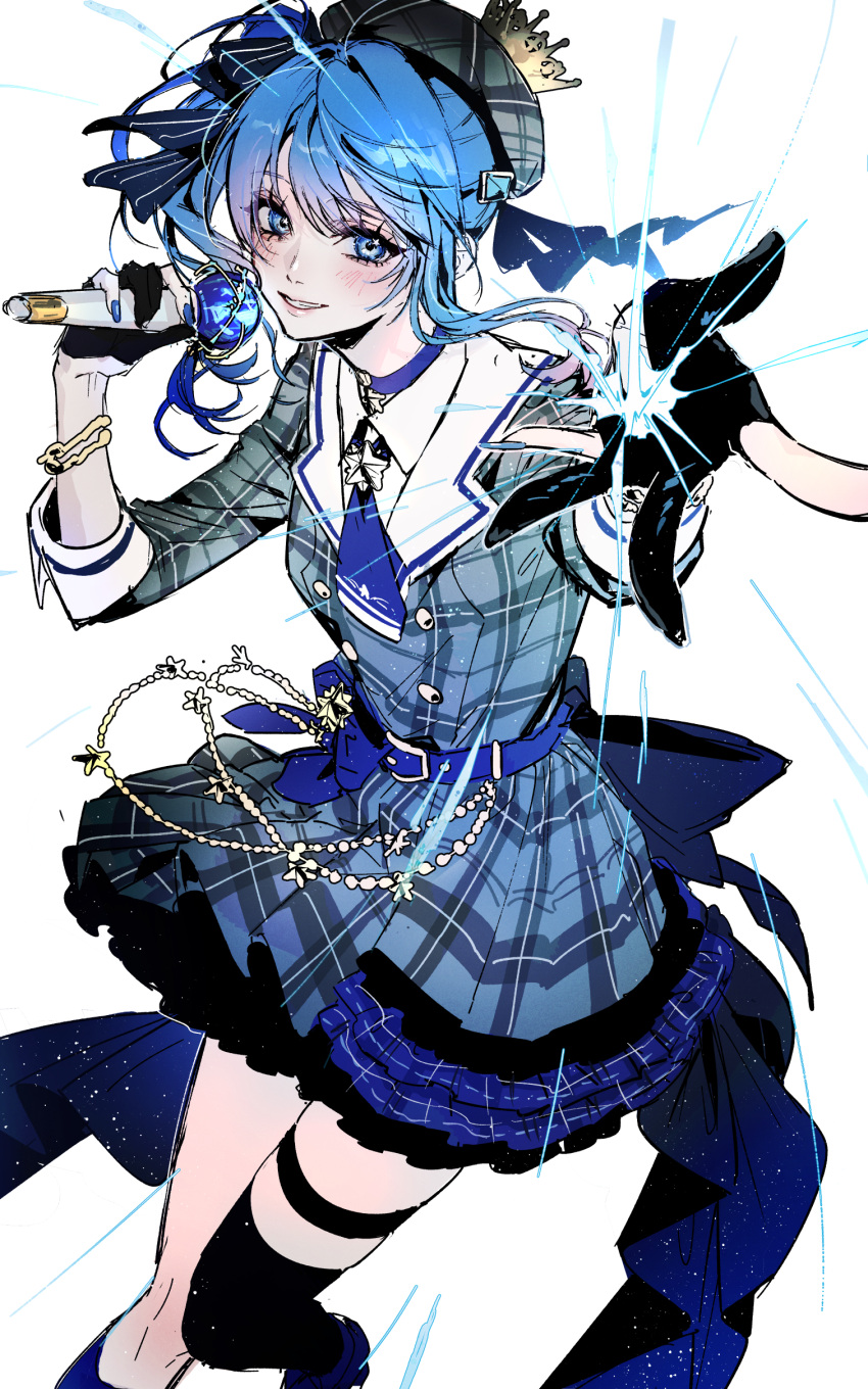 1girl, absurdres, belt, black_thighhighs, blue_belt, blue_choker, blue_eyes, blue_hair