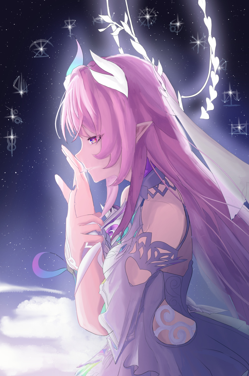 1girl, absurdres, constellation, cyrene_(demiurge)_(honkai:_star_rail), cyrene_(honkai:_star_rail), diamond-shaped_pupils, diamond_(shape), dress