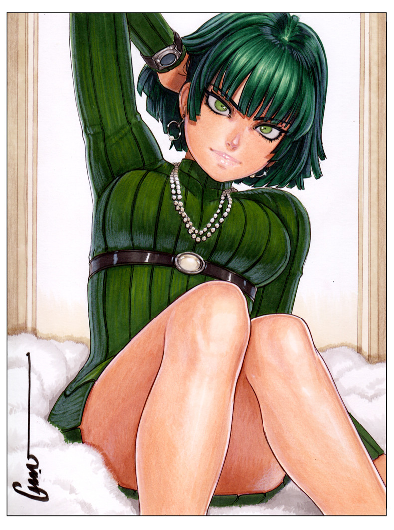 1girl, adjusting_hair, arm_at_side, arm_behind_head, arm_up, artist_name, bead_necklace, beads, belt, belt_buckle, black_belt, black_eyeliner, blanket, bob_cut, border, breasts, buckle, closed_mouth, colored_pencil_(medium), commentary, convenient_leg, dress, earrings, english_commentary, eyelashes, eyeliner, feet_out_of_frame, fubuki_(one-punch_man), furrowed_brow, green_dress, green_eyes, green_hair, head_tilt, indoors, jewelry, knees_up, large_breasts, leaning_back, lips, long_sleeves, looking_at_viewer, makeup, marker_(medium), mascara, necklace, nose, omar_dogan, on_blanket, one-punch_man, pearl_necklace, pendant_earring, pink_lips, ribbed_dress, short_dress, short_hair, signature, sitting, solo, traditional_media, turtleneck, turtleneck_dress, watch, watch, white_border