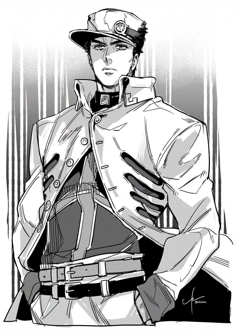 1boy, belt, commentary_request, egg_(cknlun), hands_in_pockets, hat, highres, jojo_no_kimyou_na_bouken