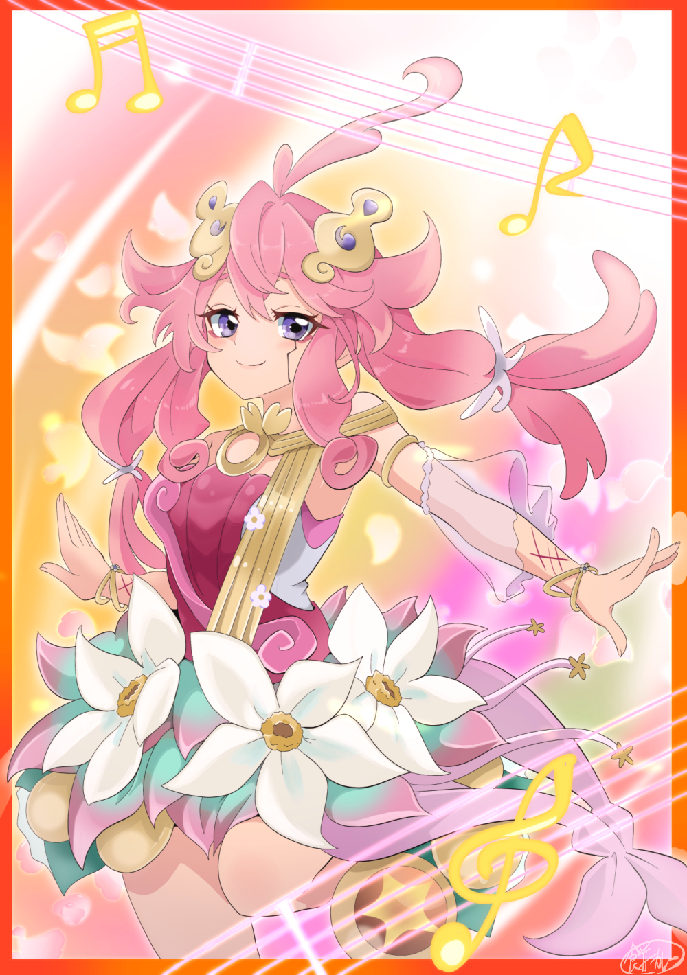 1girl, blue_eyes, commentary_request, duel_monster, flower, flower_ornament, flowering_etoile_the_melodious_grand_choir, hair_ornament, highres, long_hair, mochi_curry, musical_note, petals, pink_hair, smile, white_flower, yu-gi-oh!
