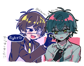 2boys, black_eyes, black_gloves, black_hair, black_shirt, blue_necktie, cigarette, collared_shirt