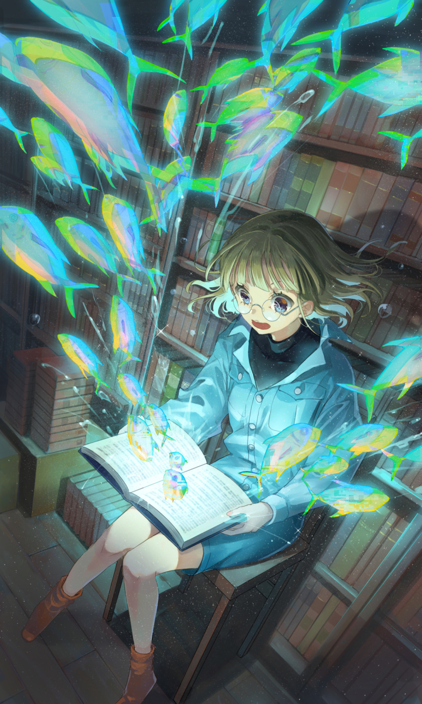 1girl, black_shirt, blonde_hair, blue_eyes, blue_jacket, blue_shorts, book, book_stack