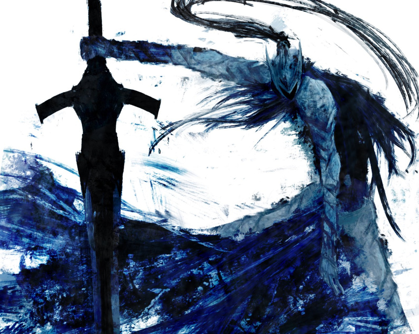 1boy, arm_at_side, armor, artorias_the_abysswalker, blue_skirt, blue_theme, commentary, dark_souls_(series)