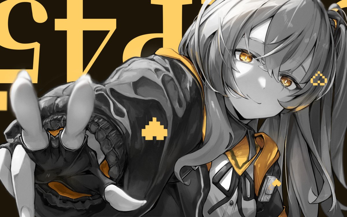 1girl, black_gloves, black_jacket, brown_hair, character_name, commentary, crossed_bangs, fingerless_gloves, girls_frontline, gloves, hair_between_eyes, jacket, kuraja326, long_hair, looking_at_viewer, monochrome, one_side_up, reaching, reaching_towards_viewer, scar, scar_across_eye, scar_on_face, shirt, smile, solo, spot_color, ump45_(girls'_frontline), w, white_shirt, yellow_eyes