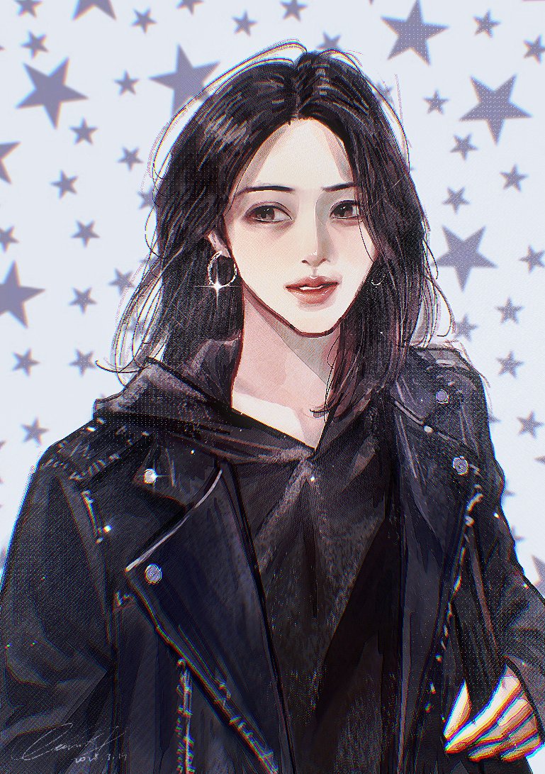 1girl, bag, black_eyes, black_hair, black_hoodie, black_jacket, earrings, floating_hair
