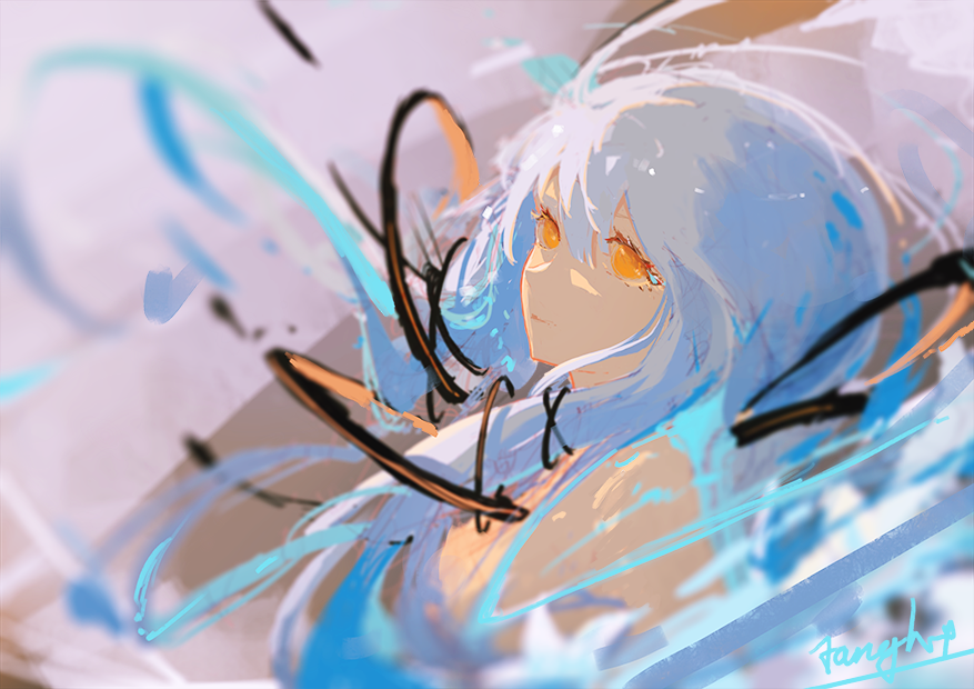 1girl, blue_hair, fanghx, long_hair, looking_at_viewer, low_quad_tails, medium5, purple_hair