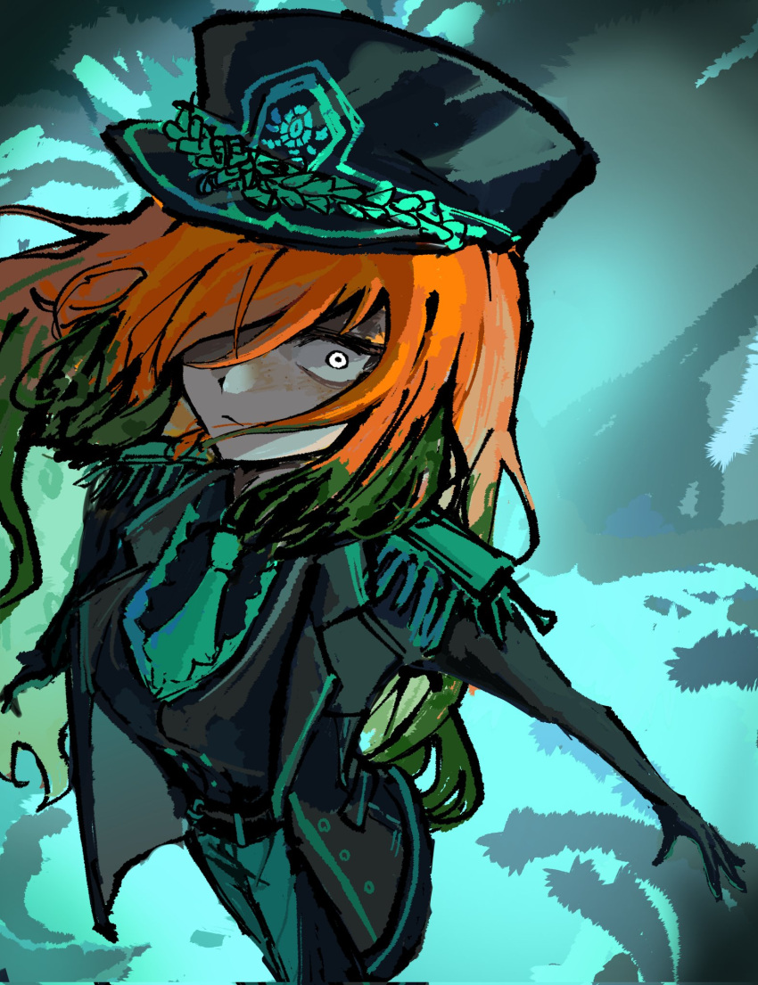 1girl, aqua_background, aqua_necktie, aqua_pants, aqua_trim, belt, black_coat, black_gloves