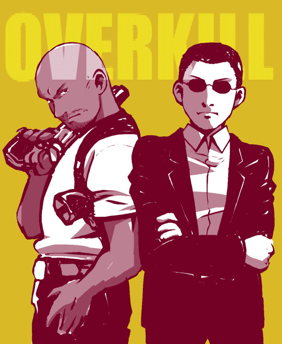 2014, 2boys, angry, bald, belt, black_hair, business_suit, dark-skinned_male, dark_skin, g_(house_of_the_dead), glasses, gun, holster, house_of_the_dead, isaac_washington, male_focus, multiple_boys, pungis, sega, serious, shoulder_holster, suit, weapon, yellow_background