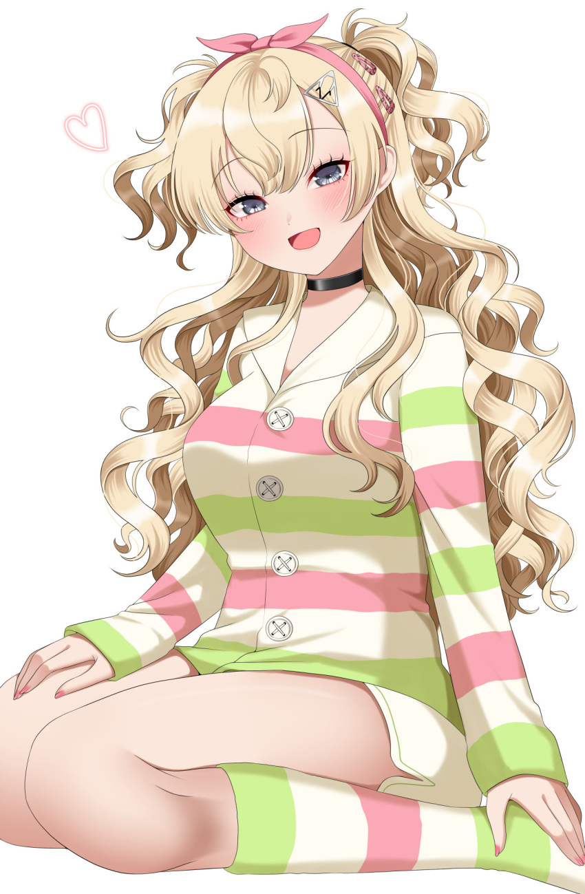 1girl, black_choker, blonde_hair, blush, choker, commentary_request, dolphin_shorts, grey_eyes