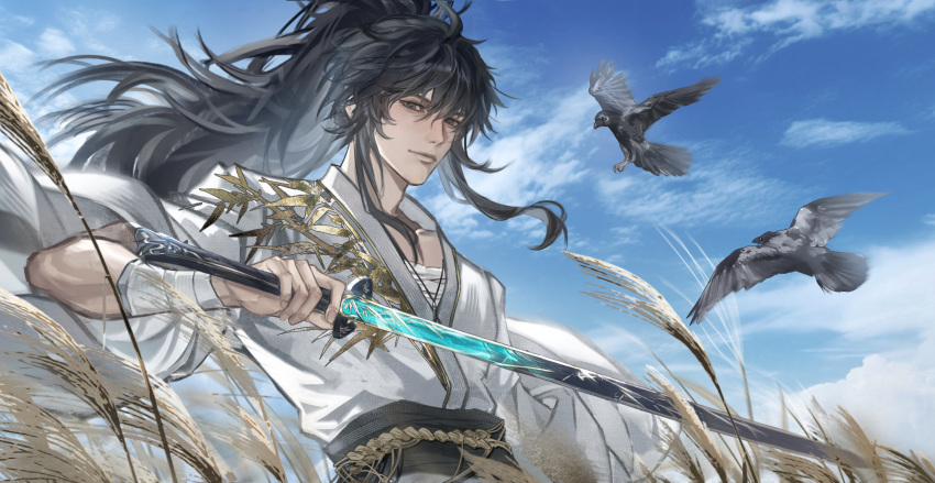 1boy, absurdres, alternate_costume, black_hair, blue_sky, chinese_commentary, closed_mouth, commentary_request, day, grey_eyes, highres, holding, holding_sword, holding_weapon, hujiao_huajiao_fen, long_hair, looking_at_viewer, male_focus, outdoors, ponytail, qiuyuan_(wuthering_waves), sky, solo, sword, upper_body, weapon, wuthering_waves