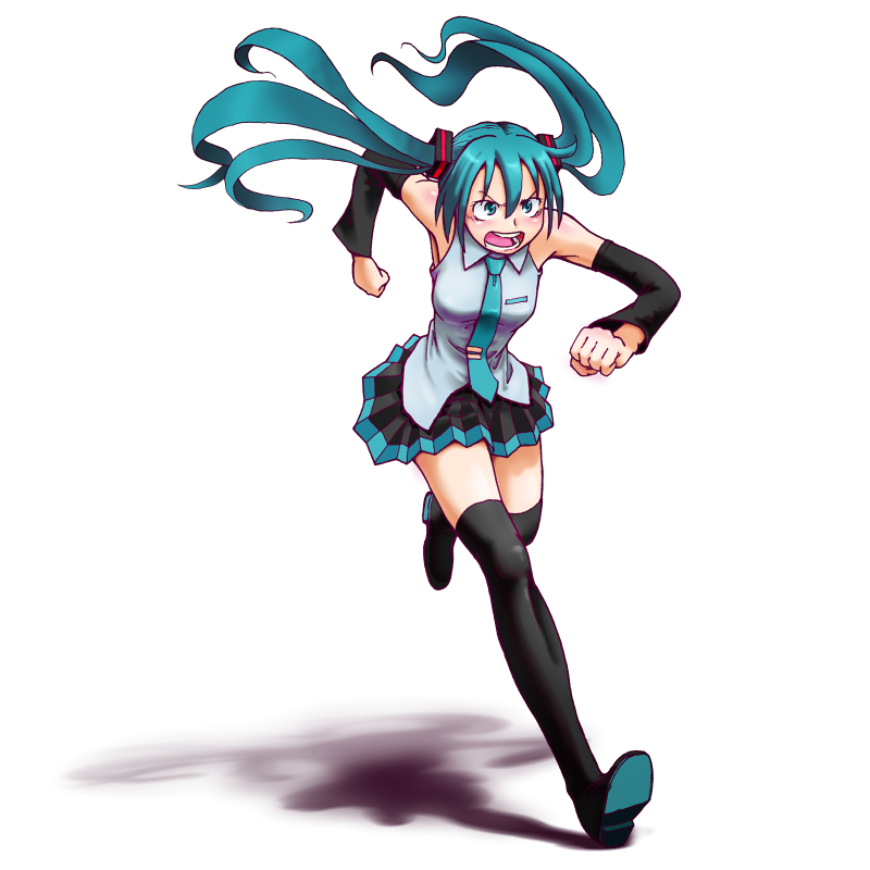 1girl, aqua_eyes, aqua_hair, aqua_necktie, aqua_trim, arm_at_side, arm_warmers, bare_shoulders