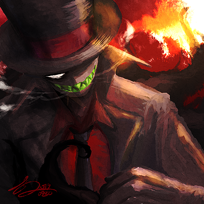 1boy, black_coat, black_hat, black_hat_(villainous), black_necktie, blank_eyes, buttons, coat
