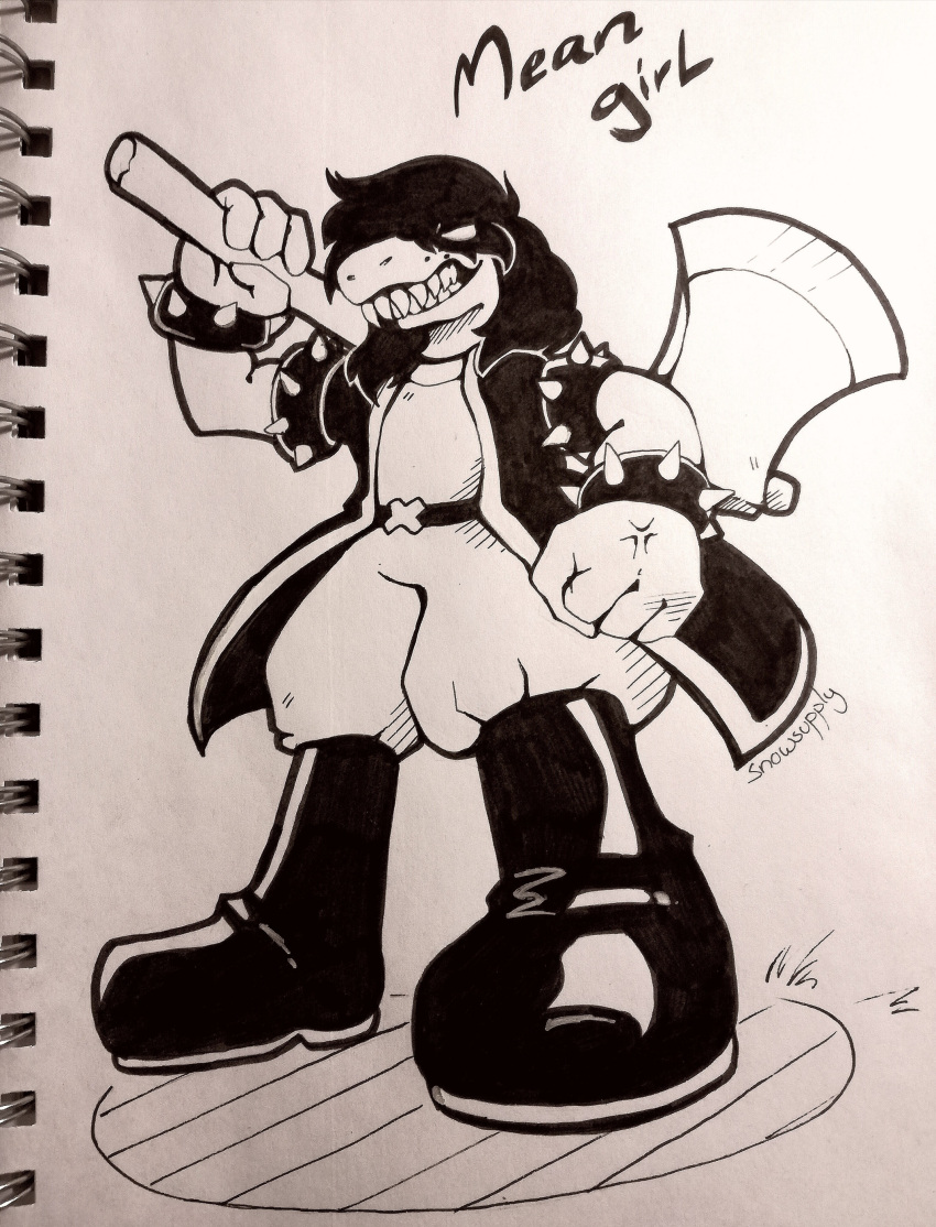 1girl, 2021, 2d, anthro, armlet, artist_name, axe, black_armlet, black_boots, black_jacket, boots, commentary, deltarune, deviantart_sample, english_commentary, female, female_only, full_body, highres, holding, holding_axe, holding_weapon, image_sample, jacket, lizard, lizard_girl, long_hair, monochrome, monster, monster_girl, pants, pen_(medium), photo_(medium), reptile, reptile_girl, scalie, sharp_teeth, simple_background, sleeveless, sleeveless_jacket, snowsupply, solo, spiked_armlet, standing, susie_(dark_world)_(deltarune), susie_(deltarune), teeth, traditional_media, utdr_(toby_fox), weapon, white_background