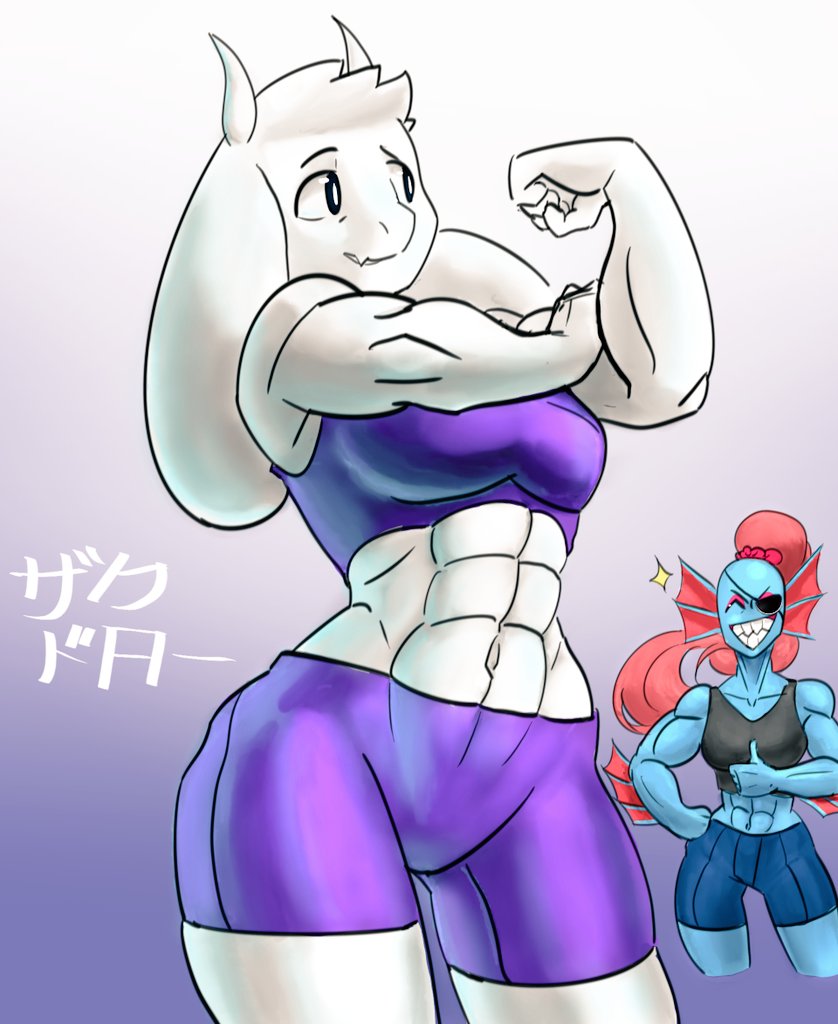 2024, 2d, 2girls, abs, alternate_costume, animal_ears, anthro, arm_fins, biceps, black_eyepatch, black_sports_bra, blue_shorts, blue_skin, body_fur, breasts, closed_eyes, colored_skin, commentary, contrapposto, cowboy_shot, digital_media, droopy_ears, duo, ear_fins, english_commentary, eyepatch, facing_another, fangs, female, female_only, fins, fish, fish_girl, floppy_ears, furry, furry_female, goat, goat_ears, goat_girl, goat_horns, gradient_background, grin, head_fins, high_ponytail, horns, long_hair, mammal, midriff, monster, monster_girl, muscular, muscular_female, navel, ponytail, purple_background, purple_shorts, purple_sports_bra, red_hair, sharp_teeth, shorts, sideways_glance, smile, sparkle, sport_bra, stretching, teeth, text, thumbs_up, toriel, training, translation_request, two-tone_background, undertale, undyne, utdr_(toby_fox), white_background, white_fur, white_horns, willypahl