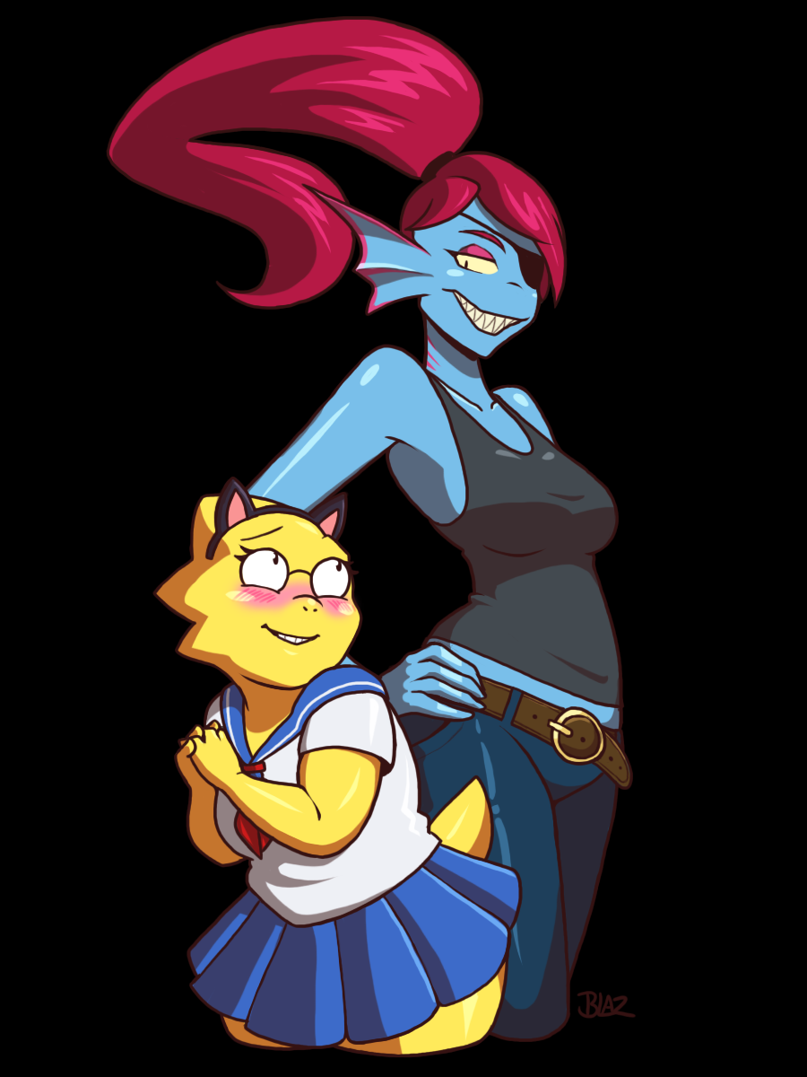 2016, 2d, 2girls, alphys, alternate_costume, animal_ear_hairband, animal_ears, anthro
