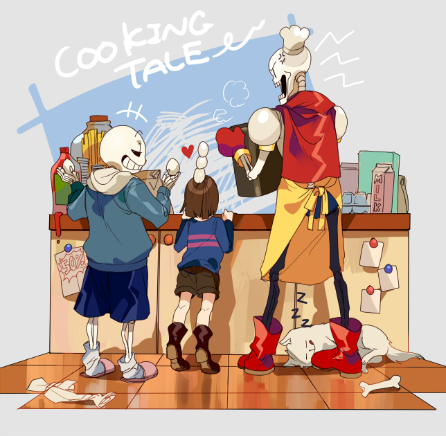 +++, 1other, 2017, 2boys, 2d, ambiguous_gender, anger_vein, animal, annoying_dog, apron, armor, back, black_shorts, blue_jacket, blue_shirt, blue_shorts, body_fur, bone, boots, bottle, brothers, brown_boots, brown_hair, brown_shorts, cape, child, closed_eyes, counter, digital_media, dog, double_horizontal_stripe, egg, english_text, floor, frisk_(undertale), full_body, gloves, grey_background, grey_hood, heart, height_difference, holding, holding_egg, holding_pot, hollow_eyes, hood, hood_down, hooded_jacket, horizontal-striped_clothes, human, humanoid, jacket, kyouichi, long_sleeves, male, milk_carton, monster, monster_boy, multiple_boys, open_clothes, open_jacket, papyrus_(undertale), pink_slippers, pink_stripes, pot, red_boots, red_cape, red_gloves, sans_(undertale), shirt, short_hair, shorts, siblings, simple_background, single_vertical_stripe, skeleton, sleeping_animal, slippers, socks, standing, striped_clothes, striped_shirt, striped_shorts, teeth, text, tiled_floor, tiles, tiptoes, two-tone_shirt, undead, undertale, unworn_socks, utdr_(toby_fox), vertical-striped_clothes, vertical-striped_shorts, white_armor, white_dog, white_fur, white_shirt, white_socks, white_stripes, yellow_apron, zzz
