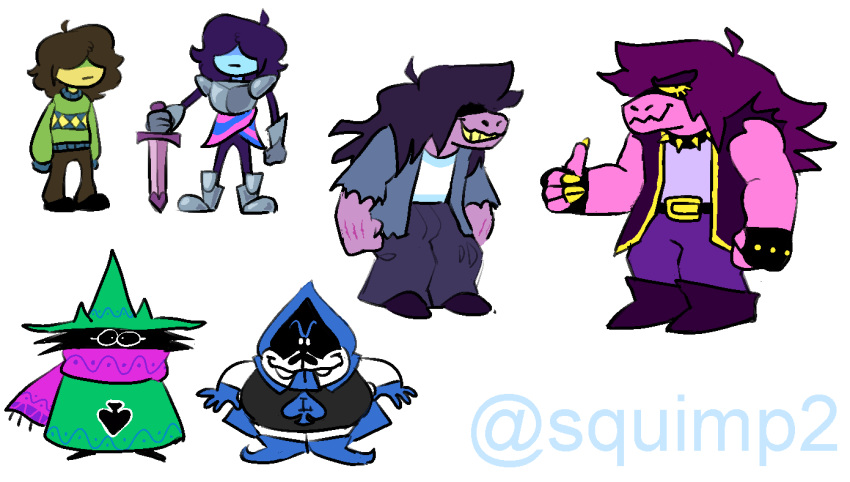 1girl, 1other, 2020, 2boys, 2d, adapted_costume, ambiguous_gender, anthro, armlet, armor, armored_boots, artist_name, barefoot, black_armlet, black_fur, black_jacket, blue_hair, blue_skin, blue_tongue, body_fur, bodysuit, boots, bracelet, cape, clenched_hands, colored_sclera, colored_skin, colored_teeth, colored_tongue, commentary, creature, deltarune, digital_media, english_commentary, fangs, female, full_body, furry, furry_female, furry_male, gauntlets, glasses, goat, goat_boy, green_robe, hair_over_eyes, horns, human, jacket, kris_(dark_world)_(deltarune), kris_(deltarune), lancer_(deltarune), lizard, lizard_girl, long_hair, long_sleeves, looking_at_viewer, male, monster, monster_girl, multiple_boys, oekaki, pants, pink_scarf, pink_skin, purple_hair, purple_pants, purple_skin, ralsei, ralsei_(hat), red_cape, reptile, reptile_girl, robe, round_eyewear, scalie, scarf, sharp_teeth, short_hair, simple_background, sleeveless, sleeveless_jacket, smile, spade_(shape), spiked_armlet, squimpus, standing, susie_(dark_world)_(deltarune), susie_(deltarune), sword, teeth, the_fun_gang, thumbs_up, tongue, tongue_out, twitter_username, utdr_(toby_fox), weapon, white_background, wizard_hat, yellow_sclera, yellow_teeth