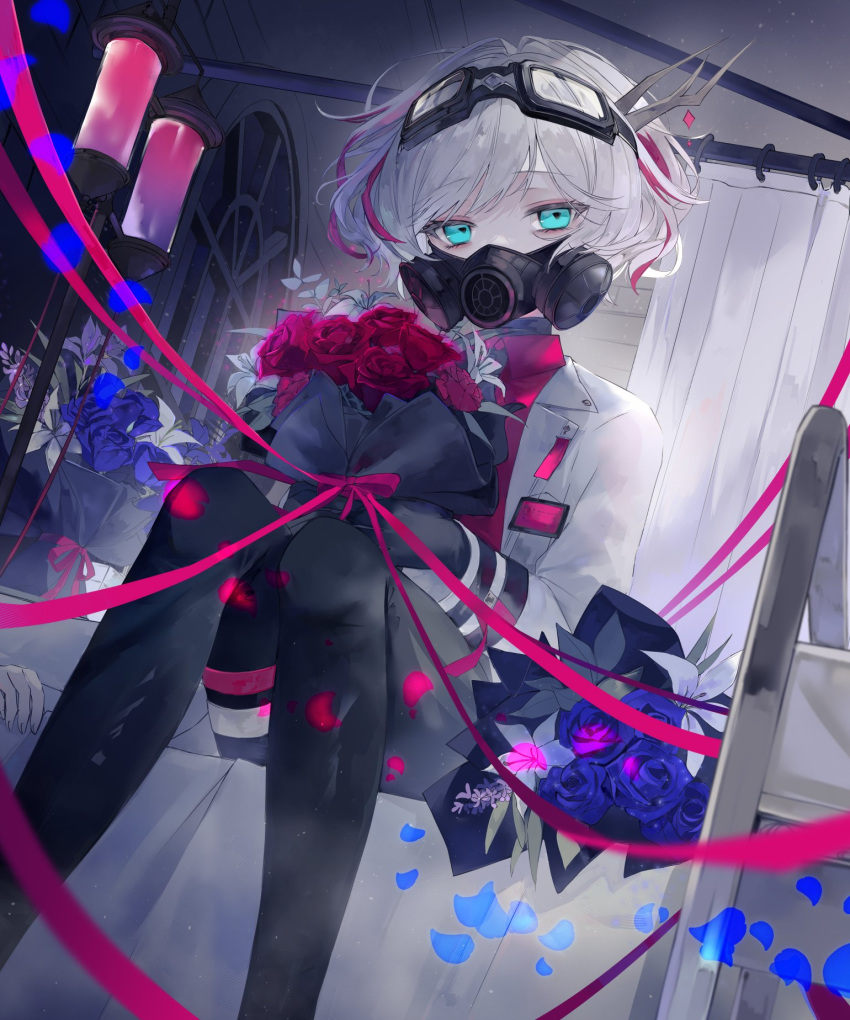 1girl, bed, black_gloves, blue_eyes, bouquet, commentary, croma_mhach, curtains, flower, gas_mask, gloves, goggles, goggles_on_head, hair_ornament, highres, lab_coat, mask, multicolored_hair, pants, red_shirt, ribbon, rose, sephie_(shadowverse), shadowverse, shirt, streaked_hair, thigh_strap, tight_clothes, tight_pants, untranslatable_commentary, white_hair
