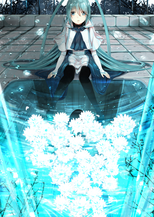 aqua_hair, black_legwear, flower, hatsune_miku, long_hair, looking_at_viewer, original, pantyhose, ripples, shiki_nozi, sitting, soaking_feet, solo, twintails, very_long_hair, vocaloid, water