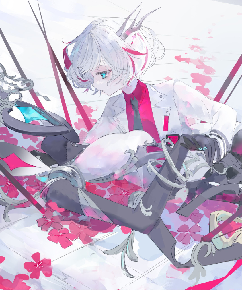 1girl, 1other, black_gloves, black_necktie, blue_eyes, commentary_request, croma_mhach, expressionless