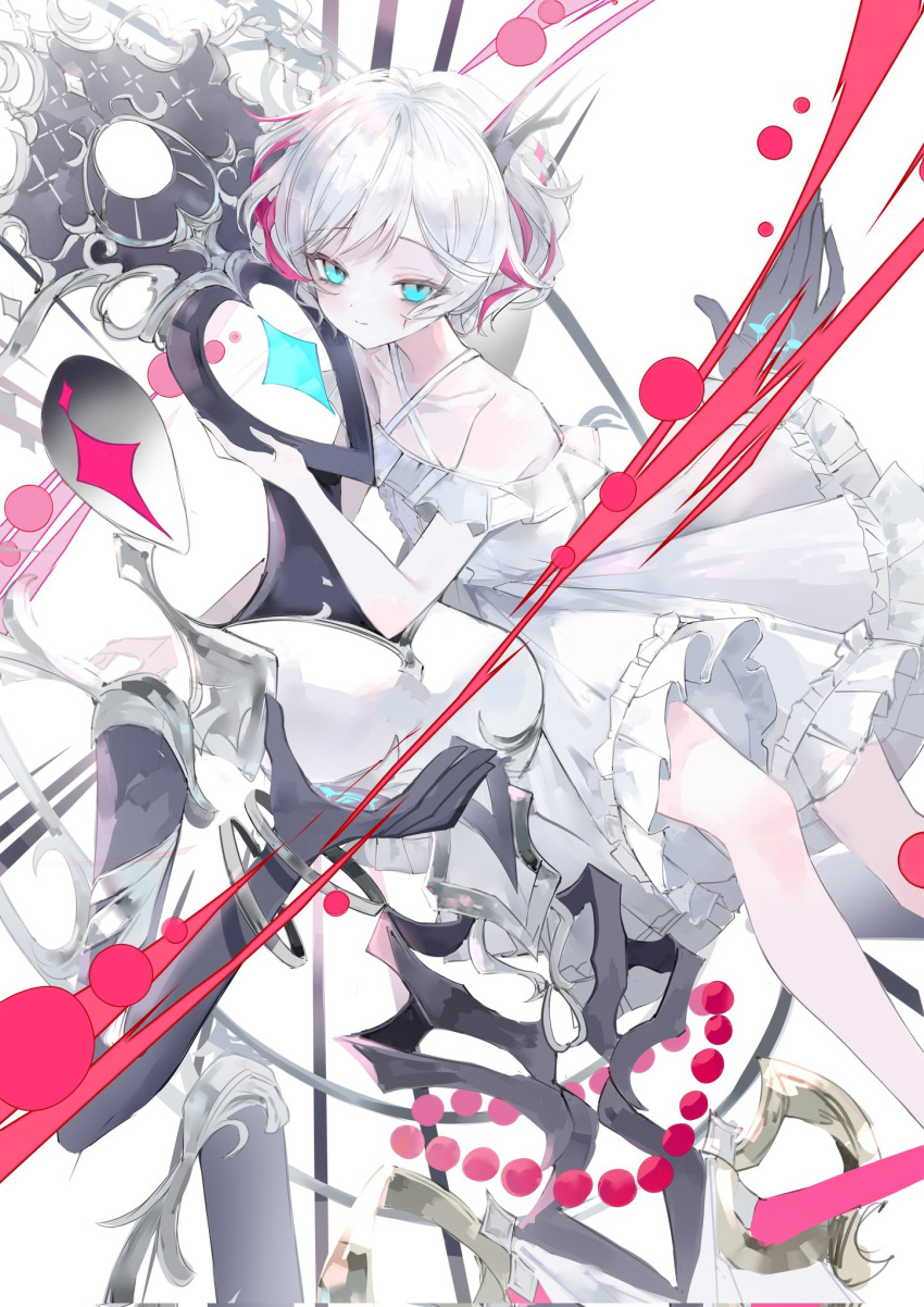 1girl, 1other, bare_shoulders, blue_eyes, collarbone, commentary, criss-cross_halter, croma_mhach