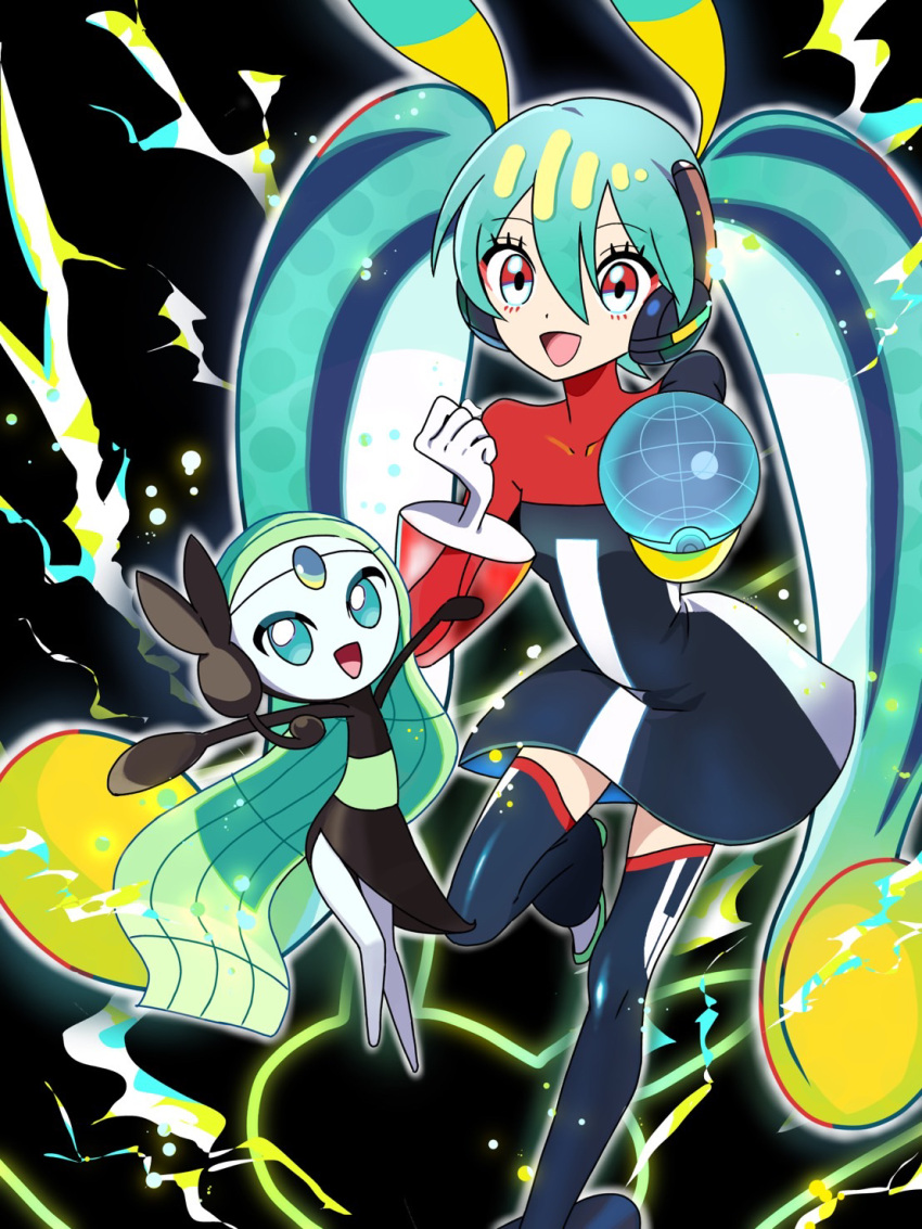 2girls, aqua_eyes, aqua_hair, black_dress, black_thighhighs, blonde_hair, blue_thighhighs, blush