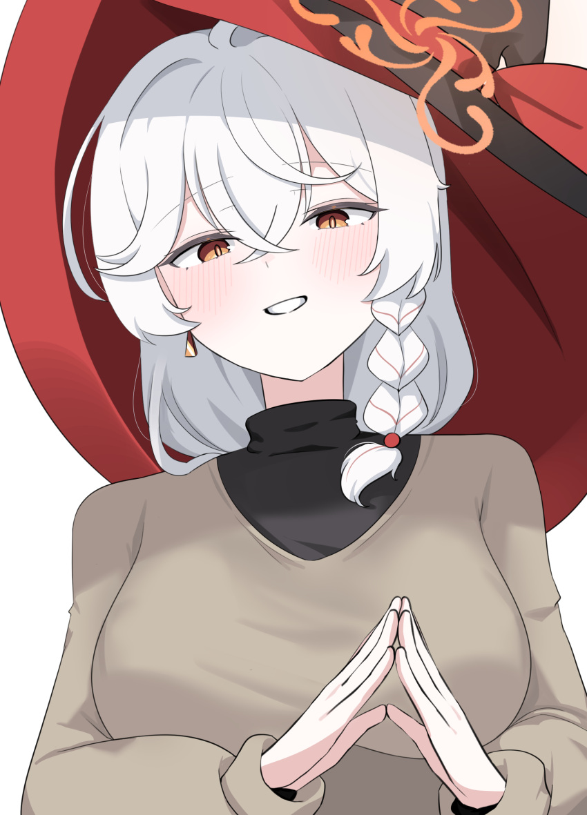 1girl, absurdres, black_hat, blue_archive, blush, braid, breasts, commentary_request