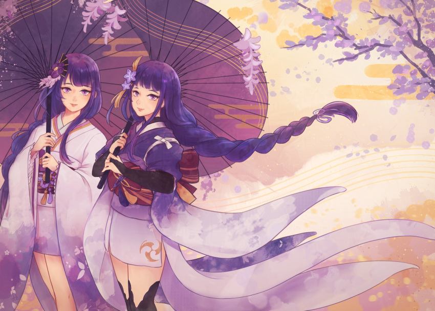 2girls, abstract_background, alternate_costume, blunt_bangs, braid, bridal_gauntlets, cherry_blossoms, closed_mouth