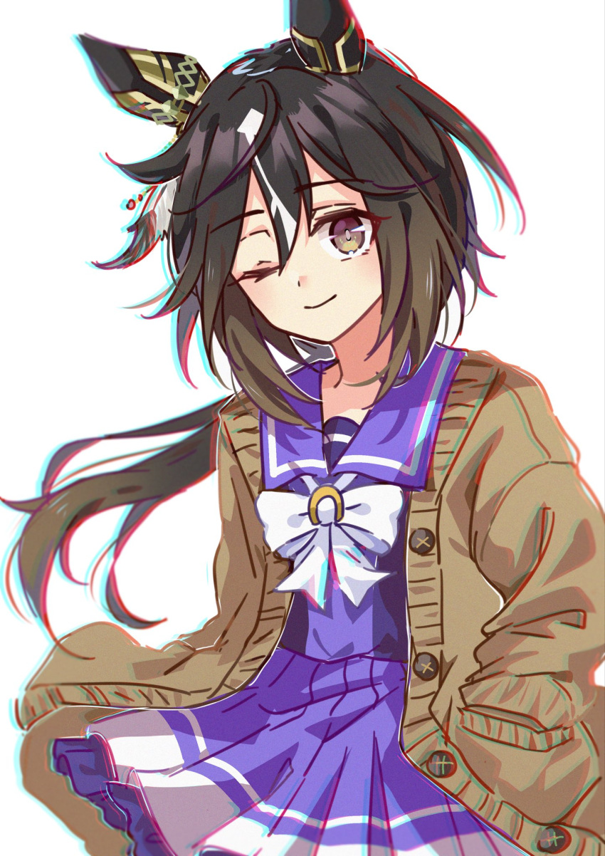 1girl, animal_ears, black_hair, blush, bow, bowtie, brown_cardigan, brown_eyes
