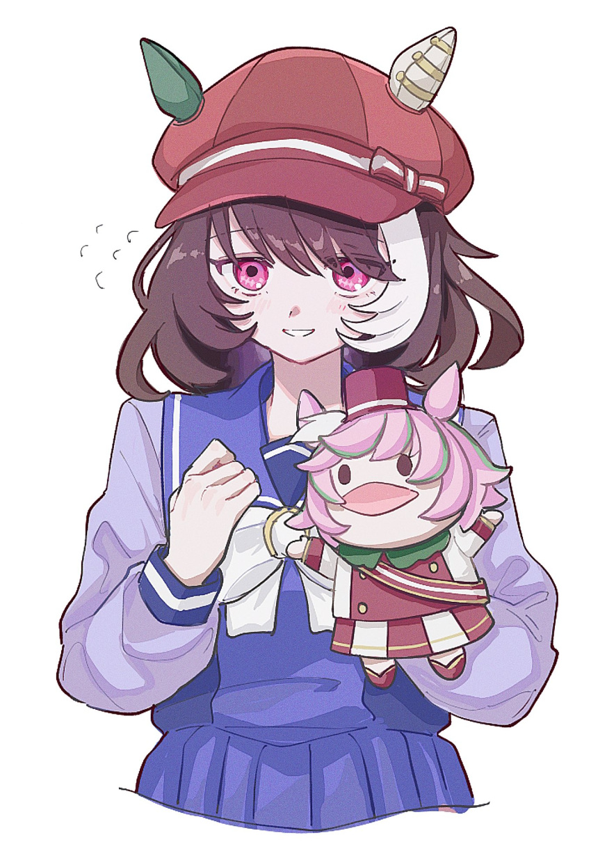 1girl, animal_ears, asa_0504, blush, bow, bowtie, breasts, brown_hair, commentary_request, ears_through_headwear, hair_between_eyes, hand_puppet, hat, highres, horse_ears, horse_girl, long_sleeves, looking_at_viewer, marche_lorraine_(umamusume), mismatched_ear_covers, parted_lips, pleated_skirt, puppet, purple_sailor_collar, purple_serafuku, purple_shirt, purple_skirt, sailor_collar, sailor_shirt, school_uniform, serafuku, shirt, skirt, smile, solo, tracen_school_uniform, umamusume, violet_eyes, white_bow, white_bowtie