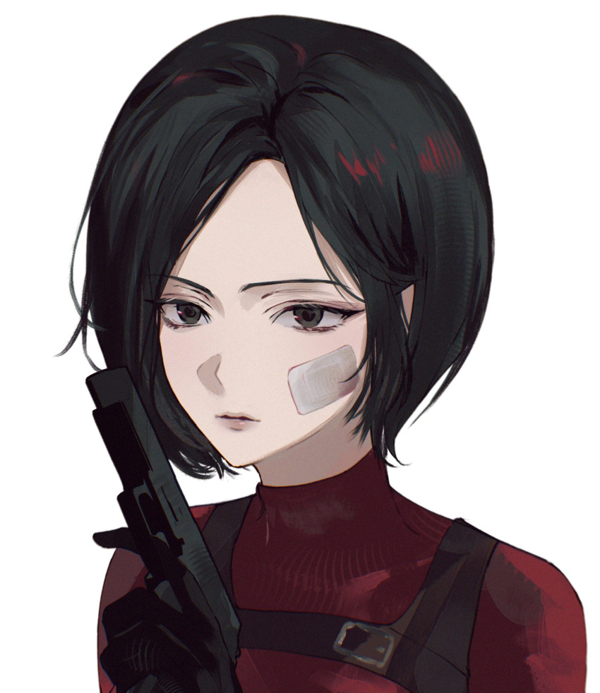 1girl, ada_wong, black_eyes, black_gloves, black_hair, bob_cut, chest_belt, chest_holster
