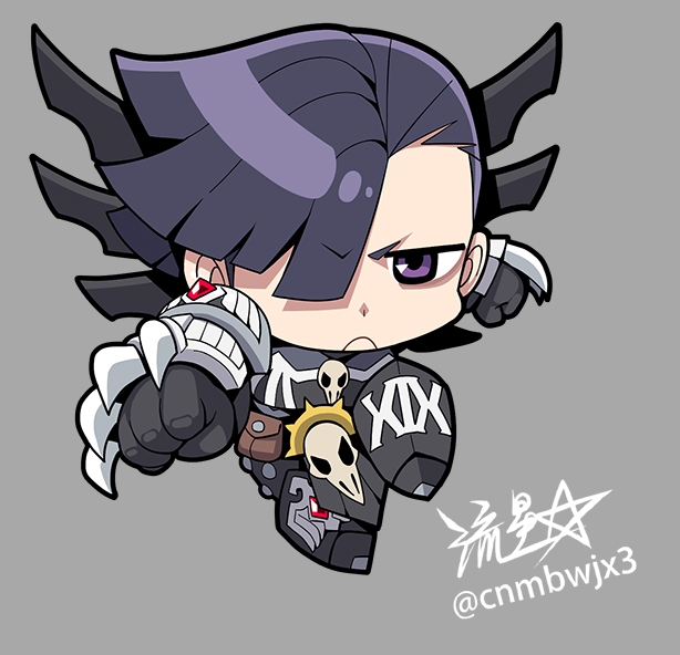 1girl, animal_skull, armor, artist_name, bird_skull, bird_skull_ornament, black_hair, chibi
