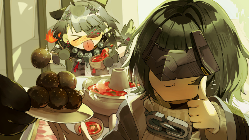 >_<, 2girls, animal_ears, arknights, arknights:_endfield, black_hair, commentary_request, deformed