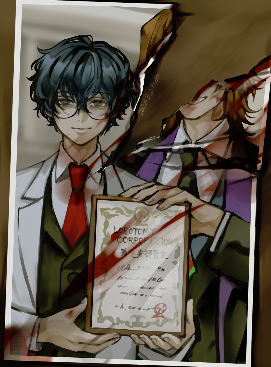2boys, black_eyes, black_hair, black_vest, blood, brown_hair, closed_mouth, coat