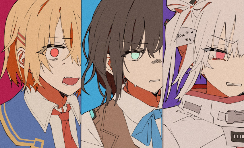 3girls, aoi_erika, black_hair, blue_eyes, brown_hair, clenched_teeth, commentary_request, grey_hair