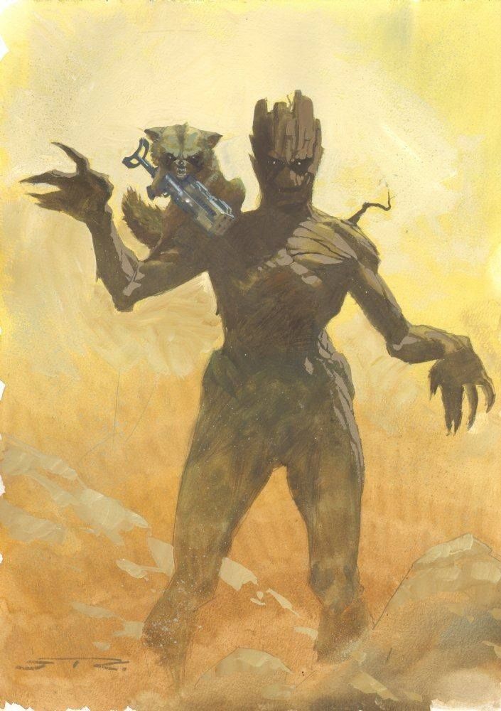 2boys, animal_ears, brown_theme, esad_ribic, groot, guardians_of_the_galaxy, gun, holding