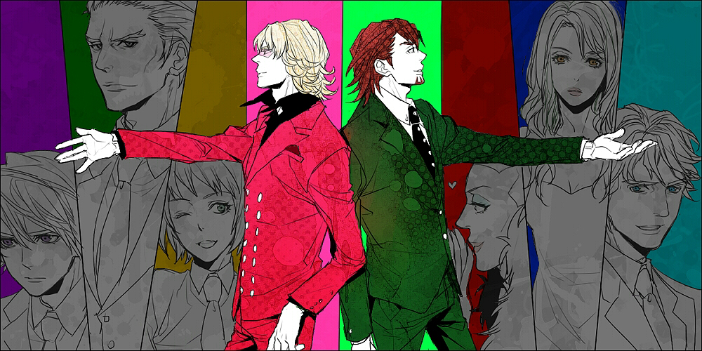 6+boys, antonio_lopez, back-to-back, barnaby_brooks_jr, blonde_hair, blue_eyes, breasts, brown_eyes