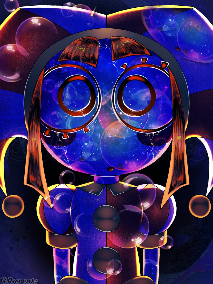 artist_name, blue_hat, brown_hair, bubble, hat, highres, jester_cap, jester_costume, llux_entz, looking_at_viewer, open_mouth, pomni_(the_amazing_digital_circus), puffy_short_sleeves, puffy_sleeves, purple_background, red_hat, short_hair, short_sleeves, sidelocks, sparkle, the_amazing_digital_circus, two-tone_hat, upper_body, wide-eyed