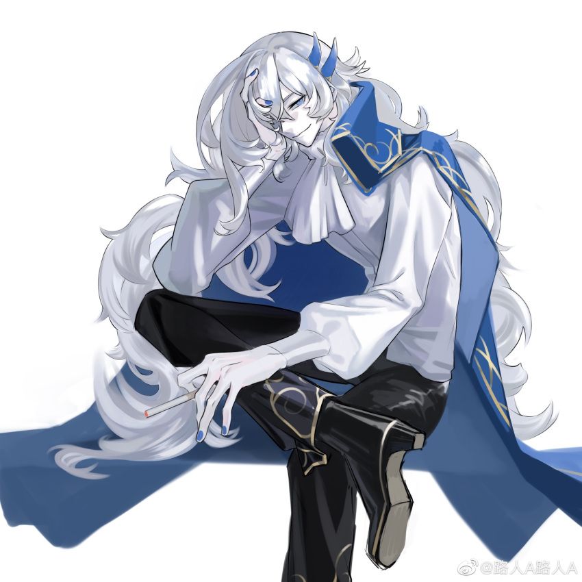 1boy, argalia_(project_moon), ascot, black_pants, black_shoes, blue_cape, blue_eyes, blue_nails