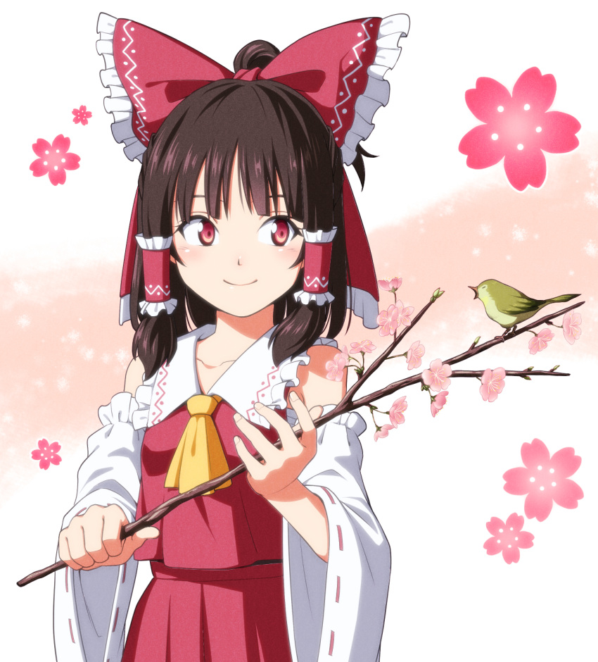 1girl, ascot, bird, bow, branch, brown_hair, cherry_blossoms, closed_mouth