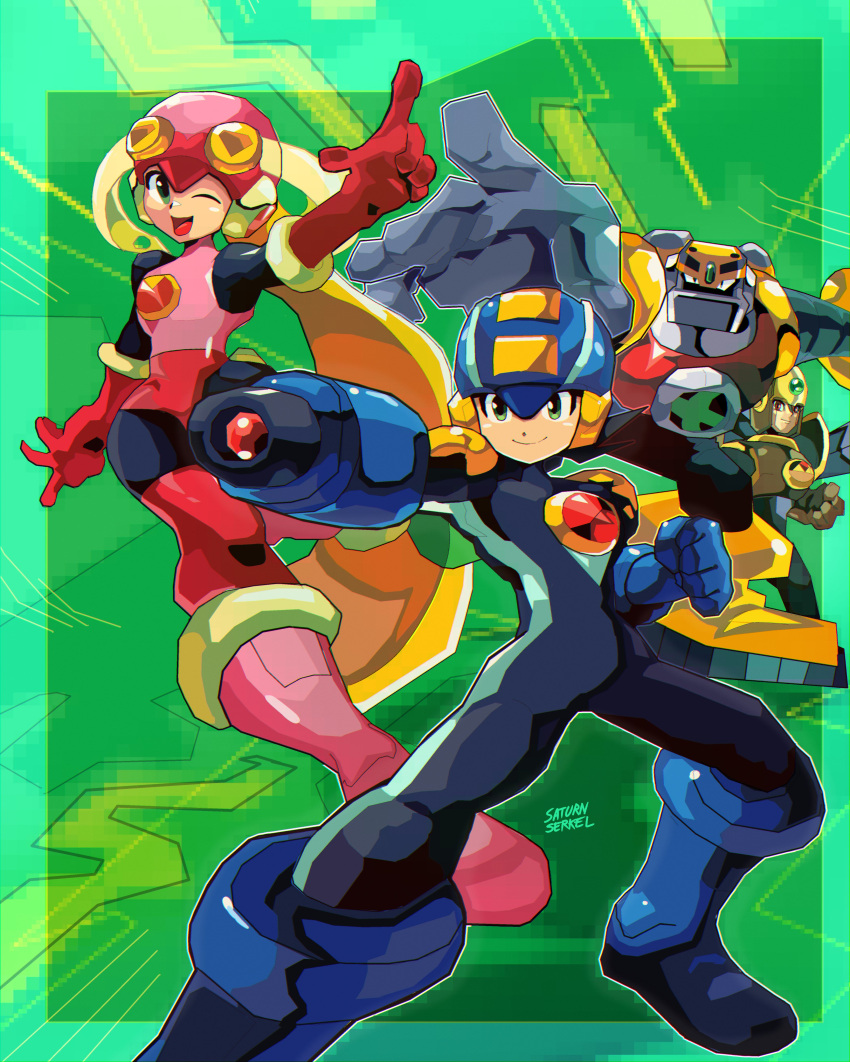 1girl, 3boys, absurdres, arm_cannon, blonde_hair, blue_bodysuit, blue_helmet, bodysuit