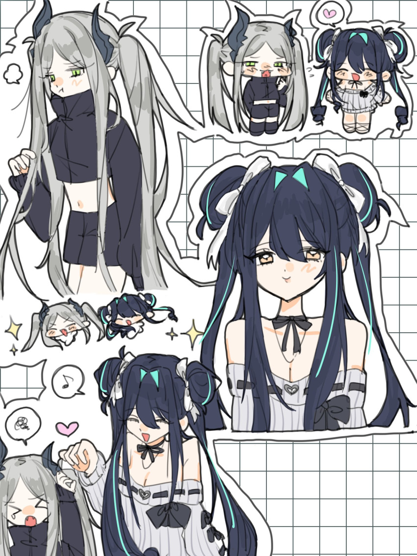 2girls, :t, aqua_streaks, black_hair, black_horns, breasts, chibi, commentary_request