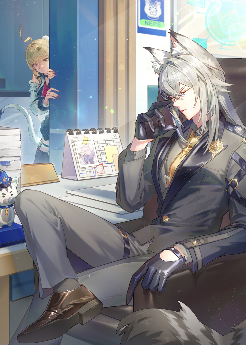 1boy, 1girl, ahoge, animal_ear_fluff, animal_ears, bare_shoulders, black_gloves, black_jacket, black_pants, blonde_hair, brown_shoes, cat_boy, cat_ears, cat_tail, chair, cissia_(zenless_zone_zero), closed_eyes, closed_mouth, clothing_cutout, colored_tips, commentary, crossed_bangs, crossed_legs, detached_sleeves, english_commentary, figure, fingernails, glove_cutout, gloves, grey_hair, grey_shirt, hair_between_eyes, highres, indoors, jacket, kid_o_kido, long_hair, multicolored_hair, necktie, officer_mewmew, on_chair, pants, peeking_out, pink_nails, police, police_badge, red_eyes, seth_lowell, severian_lowell, shirt, shoes, sitting, snake_girl, snake_tail, tail, yellow_necktie, zenless_zone_zero