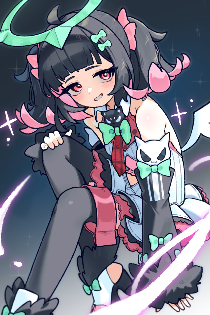 1girl, absurdres, black_hair, bow, commentary_request, detached_sleeves, halo, highres