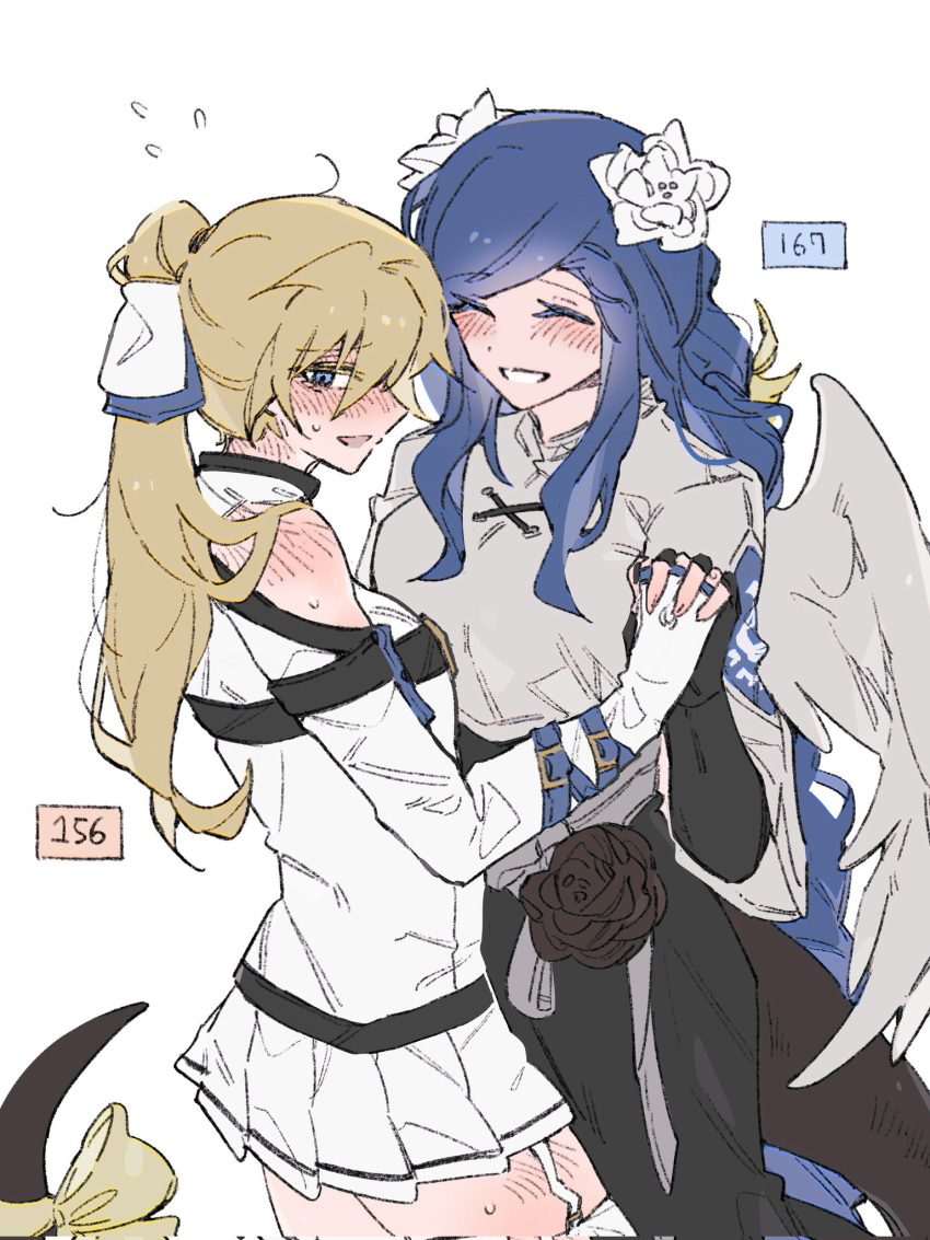 2girls, blue_eyes, blue_hair, blush, dizzy_(guilty_gear), dress, feathered_wings, flower